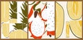 Collage of fruits close-up. Bright vintage aged illustration with dragon fruit, melon, pineapple.