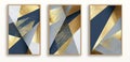 Set of three abstract geometric canvases with golden and blue colors