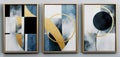 Set of three abstract geometric canvases with golden and blue colors