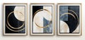 Set of three abstract geometric canvases with golden and dark blue colors