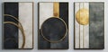 Set of three abstract geometric canvases with golden and dark gray colors