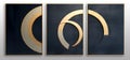 Set of three abstract geometric canvases with golden and dark gray colors