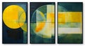 A set of three abstract geometric wall art panels with yellow and green circular and rectangular shapes