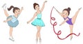 A set of three athletes: figure skater, ballerina and a gymnast. Colorful illustration in cartoon style. Hand drawn. Closeup.