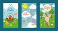 set of three banners for easter day with elements of holiday eggs, basket, happy sun in clouds and rabbit in the meadow Royalty Free Stock Photo