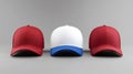 A set of three baseball caps, red white and blue, mockup concept, grey background Royalty Free Stock Photo
