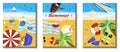 A set of three beach holiday illustrations. Flat vector, top view of the beach with the sea, umbrellas, sun beds