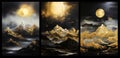 Set of three beautiful golden and black mountains wall art.