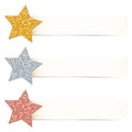 Set Three Beige Banner With Twisted Glitter Stars Gold Silver Copper