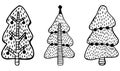 Set of three black and white Christmas trees in Scandinavian style hand-drawn on a white background. New Year`s illustrations - co Royalty Free Stock Photo