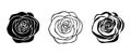 Set of three black and white roses. Black silhouettes and line art vector illustrations.