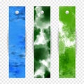 Collection of bookmark tags design with blue and green abstract watercolor paint.