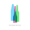 Set of three bottles of different shapes. Beer bottles of different colors. Silhouettes vector icons