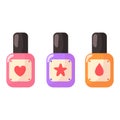 A set of three bottles of pink, purple and yellow nail polish. Vector objects on a white background