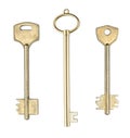 Set of three brass house doors keys isolated on white background