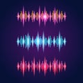 Set of three bright orange blue red audio equalizer neon set with sound waves symbols on violet background flat isolated