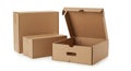 Set of three brown cardboard boxes isolated on white background Royalty Free Stock Photo