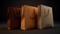 Set of three brown eco paper bags. Generative AI.