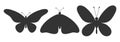 Set of three butterfly silhouettes. Insect icons, tattoos. Simple black shapes of butterflies Royalty Free Stock Photo