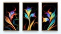 A set of three canvases with colorful neon flower in the style of art organic flowing lines. Plant art design