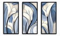 A set of three canvases with white and blue, large opaque blossoms, intricate stained glass triptych