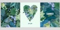 Set of three cards with green tropical leaves,