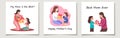 Set of three cards with Mother\'s Day. Childs give his mother gift.