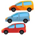 A set of three cars painted in different colors.