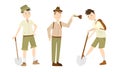 Set of three cartoon archaeologist characters at work. Vector illustration in flat cartoon style.