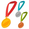 Set of three champion medals award with ribbon