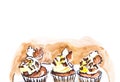 Set of three chocolate birthday cupcakes with chocolate bars. Food watercolor drawing isolated on white