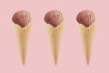 Set of three chocolate ice cream in crisp waffle cones on pastel pink background, mock up for design. Royalty Free Stock Photo