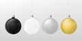 Set of three christmas balls: white, black, gold and silver on a white background. Vector, eps10. Royalty Free Stock Photo