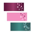 Set of three christmas banners copy space, pink, burgundy, green on the right ornaments in the form of toys, snowflakes, stars, Royalty Free Stock Photo