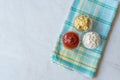 Set of Three Classic Sauce Ketchup, Mayonnaise and Mustard in Small Glass Bowls. Royalty Free Stock Photo