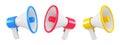 Set of three colored megaphone isolated. Close up breaking news metaphor, disclosure of information concept. 3d rendering