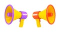 Set of three colored megaphone isolated. Close up breaking news metaphor, disclosure of information concept. 3d rendering