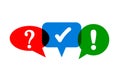 Set of three colored speech bubble, chat sign with question, exclamation and tick mark - vector