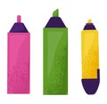 Set three colorful highlighter pens, pink, green, yellow caps. School supplies stationery vector Royalty Free Stock Photo