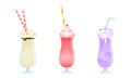 Set of three colorful milkshakes in glasses with tubes made with different ingredients. Vector illustration in flat Royalty Free Stock Photo