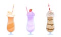 Set of three colorful milkshakes in glasses with tubes made with different ingredients. Vector illustration in flat Royalty Free Stock Photo