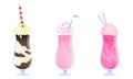 Set of three colorful milkshakes in glasses with tubes made with different ingredients. Vector illustration in flat Royalty Free Stock Photo