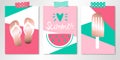 Set of three colorful summer cards with sandals, watermelon and ice cream on patchwork backgrounds. Vector templates with rose