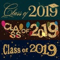 A set of three colorful vector typography banner designs on Class of 2019