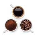 Set of three cup of black coffee. Coffee beans, ground coffee, espresso Royalty Free Stock Photo