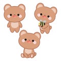 Set of three cute bears in kawaii style. One is standing, the second is sitting, the third is holding a bee. Royalty Free Stock Photo