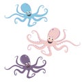 Set of three cute blue, purple and violet vector octopuses with water bubbles. Doodle style Royalty Free Stock Photo