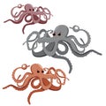 Set of three cute blue, purple and violet vector octopuses with water bubbles. Doodle style Royalty Free Stock Photo