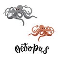 Set of three cute blue, purple and violet vector octopuses with water bubbles. Doodle style. Royalty Free Stock Photo