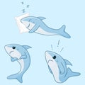 Set of three cute blue sharks in different poses on a blue background